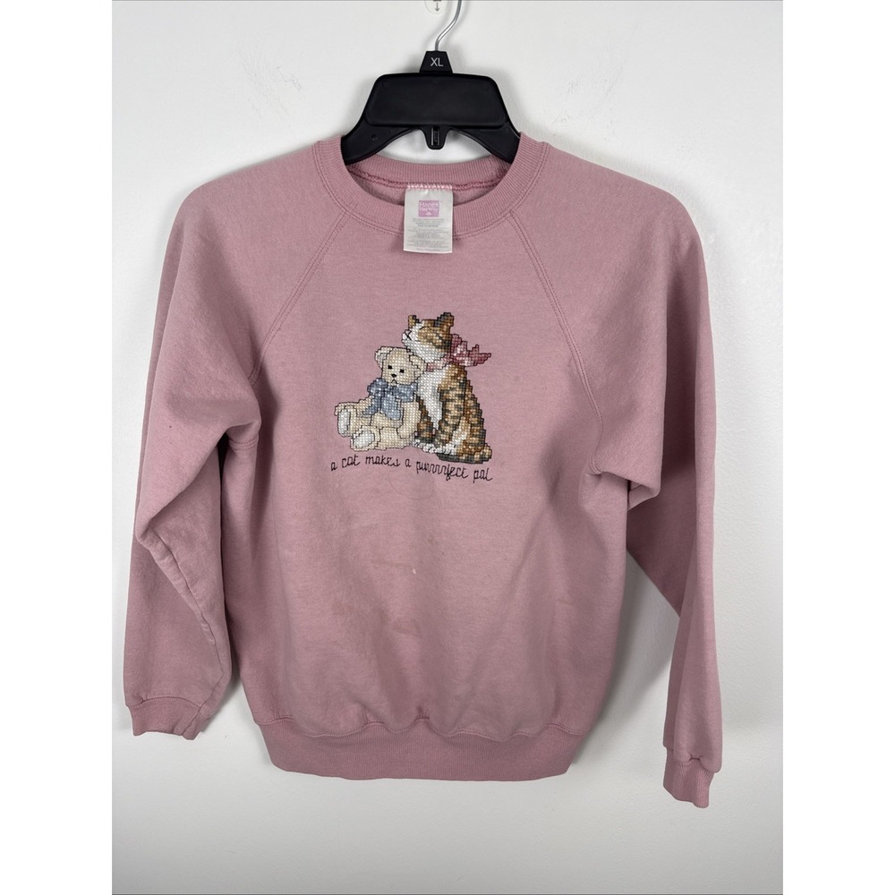 VTG Hanes Her Way Pink Cross Stitch Graphic Grandma Cat Lover Sweatshirt Size SP